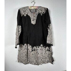 Tropiko Womens Tunic Top Black White Floral Long Sleeve Round Neck Boho Blouse